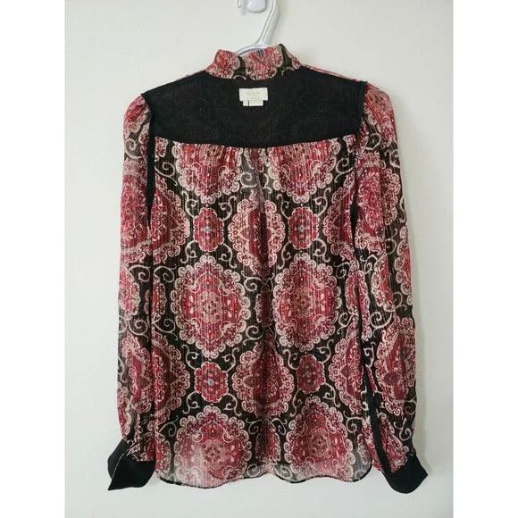 Kate Spade Womens Blouse Red Gold Black Long Sleeve Ruffles Sheer *FLAW* Size S - Picture 4 of 9